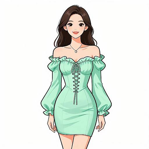 Digital anime-style drawing of a smiling woman with long dark hair, wearing an off-shoulder mint green dress with lace-up detail, standing against a