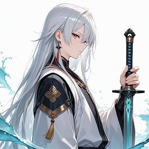 Anime-style digital drawing of a silver-haired, pale-skinned female warrior with red earrings, holding a glowing blue sword, wearing a white and black robe