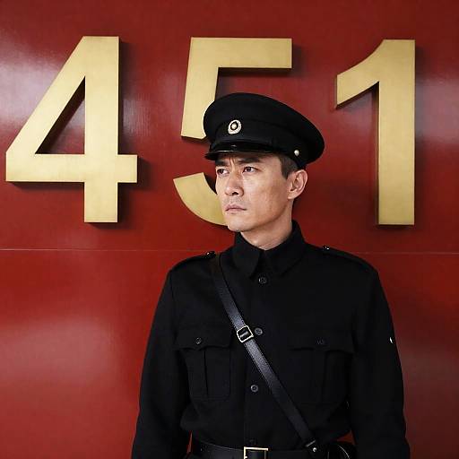Stern Man in Uniform Against Red Wall