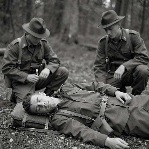 Weary Soldiers Resting in Forest