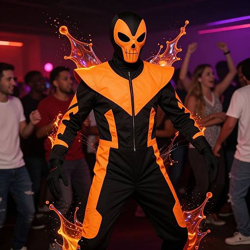 Photograph of a person in a black and orange flame-themed costume with a skull mask, standing in a dimly lit club, surrounded by cheering,