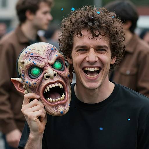 Man Holding Monster Mask Laughing