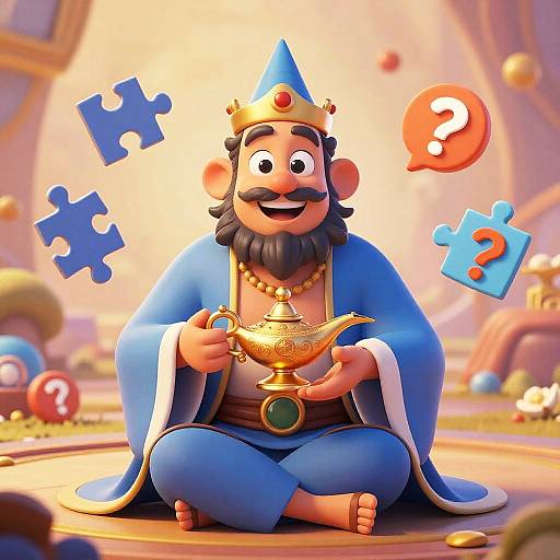 3D cartoon image of a bearded king with a blue robe, golden crown, holding an ornate lamp, surrounded by puzzle pieces and question marks