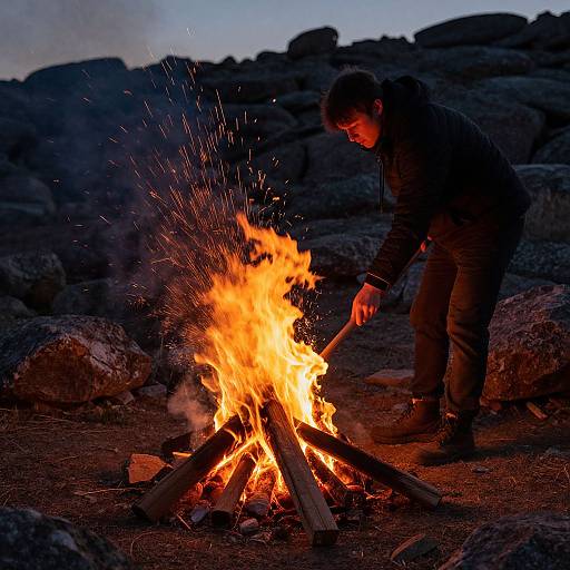 Man Stoking Fire at Dusk