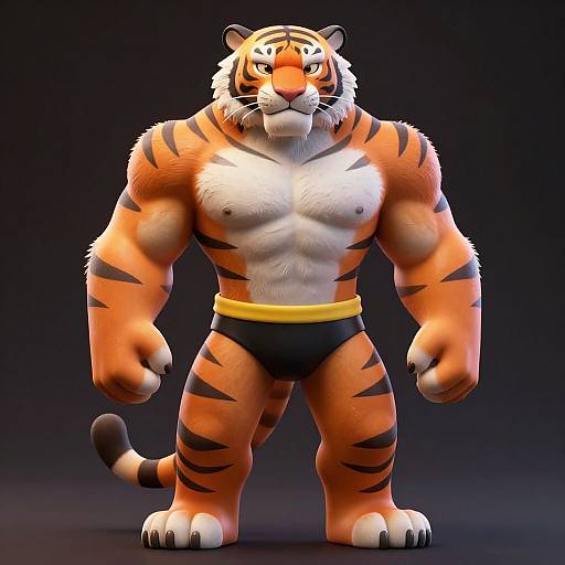 CGI anthropomorphic muscular tiger with orange and black stripes, white chest and belly, wearing black briefs with yellow waistband, standing confidently against dark