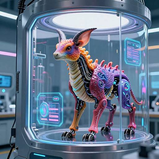 Digital artwork of a colorful, biomechanical dragon in a glowing, futuristic glass enclosure with neon blue interfaces and sci-fi lab background.