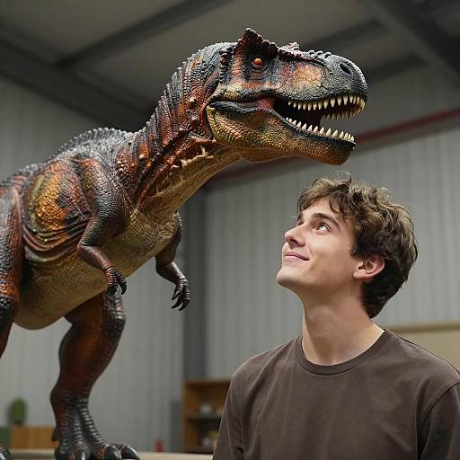 Young Man with Dinosaur Model Indoors