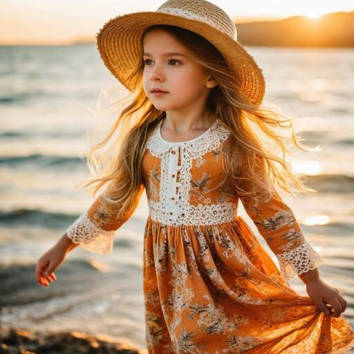 Toddler Girl in Vintage Dress by Ocean Sunset