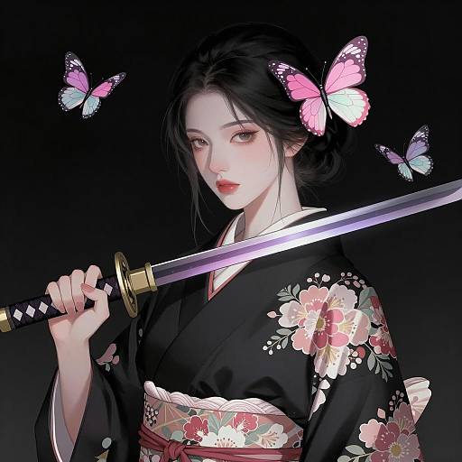 East Asian Woman in Floral Kimono with Katana