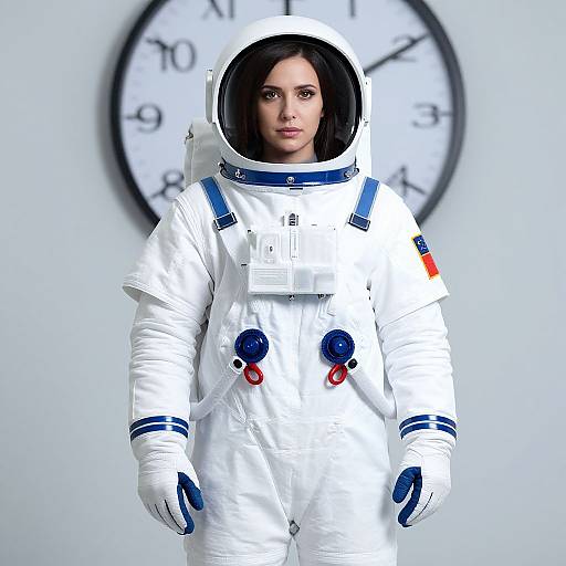 Photograph of a serious woman in a white astronaut suit with blue accents and control knobs, standing in front of a white clock on a light gray wall