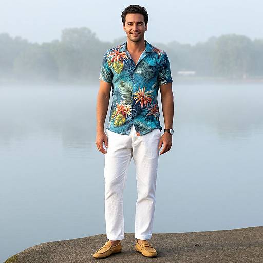 Photograph of a smiling, dark-haired man in a blue floral shirt, white pants, and tan shoes, standing on a lake's misty edge