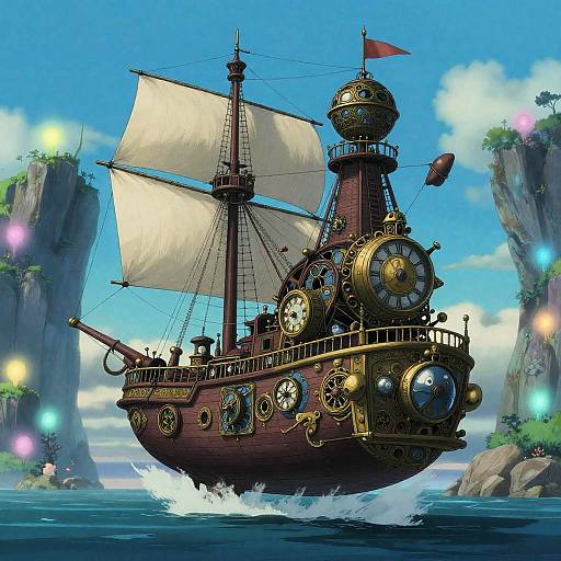 Clockwork Airship Over Bioluminescent Cliffs