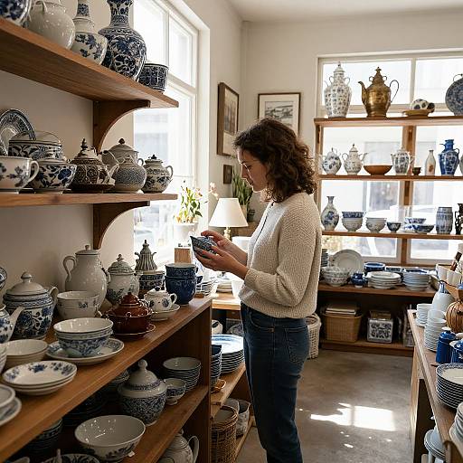 Photograph of a curly-haired woman in a cream sweater, examining blue and white pottery in a brightly lit, sunlit shop.