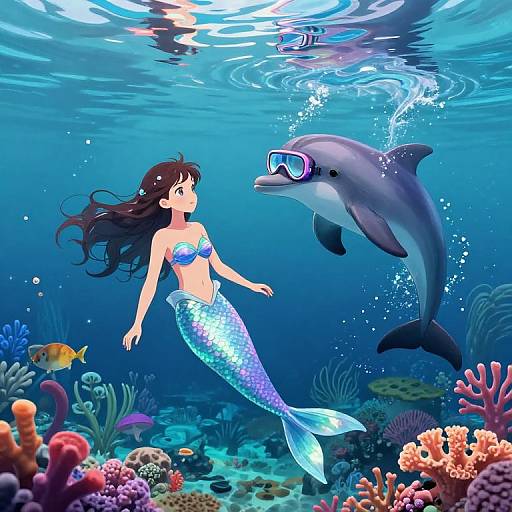 Digital illustration of a mermaid with a shimmering blue tail and long black hair, swimming underwater beside a dolphin wearing goggles, surrounded by vibrant coral reefs