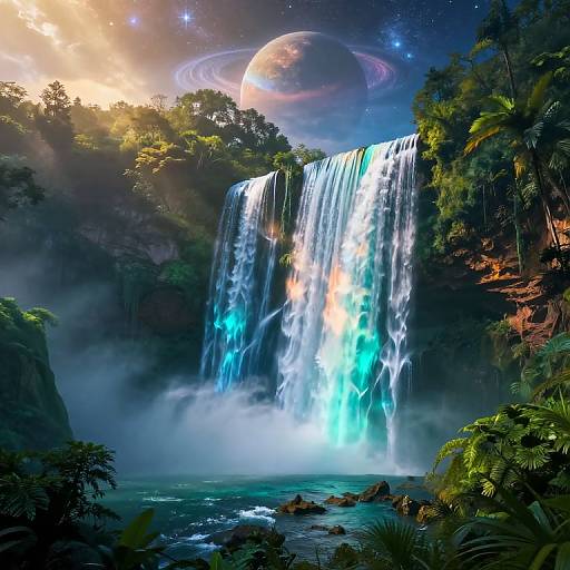 Majestic Glowing Waterfall Fantasy Landscape