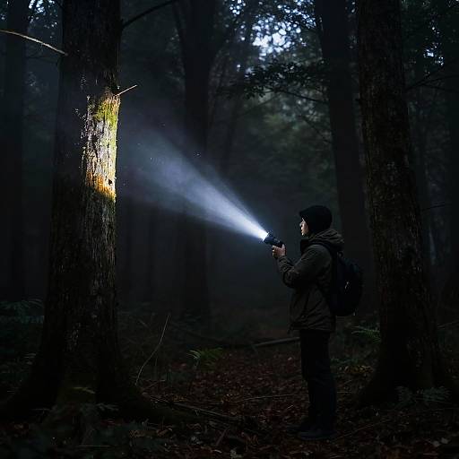 Photograph of a person in dark clothing standing in a dimly lit forest, holding a flashlight, illuminating a tree with a yellow mark.