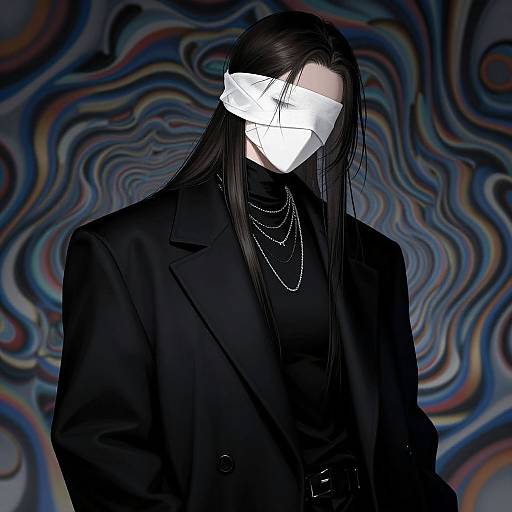 Digital art: Mysterious man with long black hair, white mask, black suit, layered chains, against swirling rainbow background.