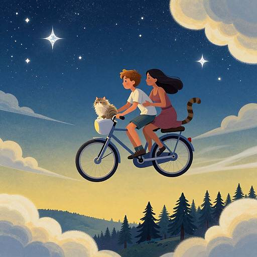 Digital illustration of a boy with brown hair and a girl with black hair, riding a bicycle with a cat, above a starry night sky and forest