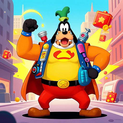 Cartoon dog superhero in vibrant city street, flexing, with colorful gadgets, red pants, yellow shirt, and superhero emblem, bright sunlight.