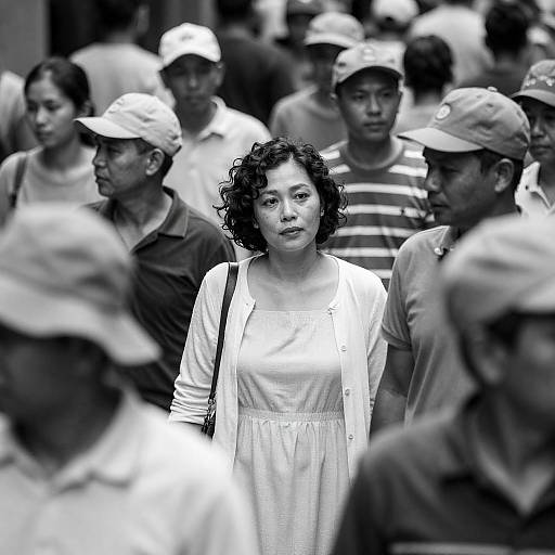 Monochrome Crowd, Woman in White Dress