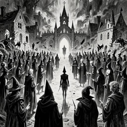 Monochromatic digital illustration of a dark gothic city, filled with hooded figures and robed warriors, converging towards a bright, glowing arch