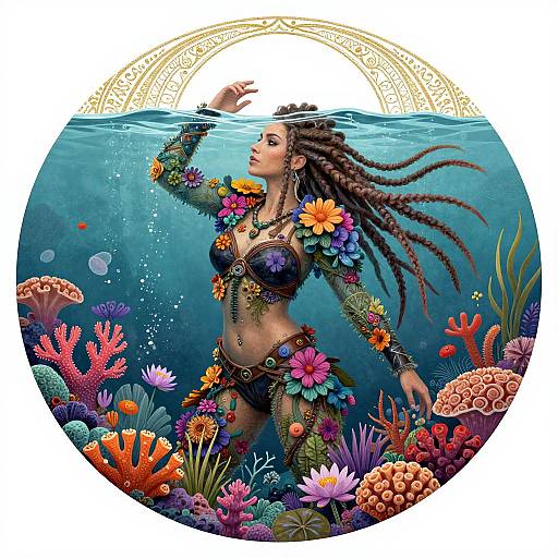 Digital artwork of a Rastafarian mermaid with long dreadlocks, colorful floral bikini, and coral reef background, raising arm underwater.
