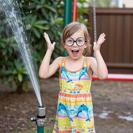 Photograph of a young girl with glasses, wearing a colorful dinosaur-patterned swimsuit, joyfully spraying water from a garden hose.
