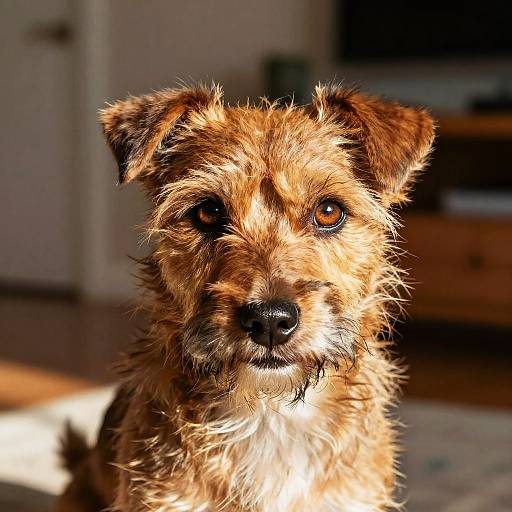 Close-up photograph of a scruffy brown and white terrier dog with expressive, dark eyes, standing indoors with a blurred background.