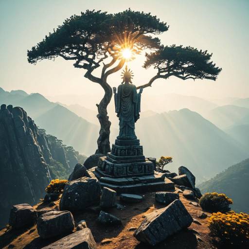 Misty Mountain Statue with Radiant Suns