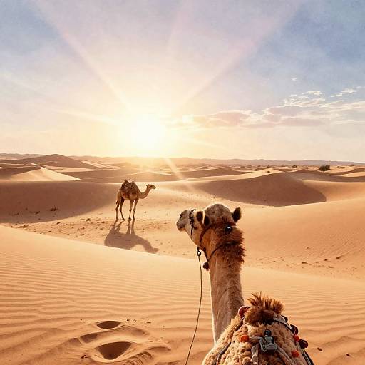 Photograph of two camels in a sunlit, golden desert with rippled sand dunes, one in the foreground and one in the background.