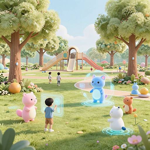 CGI image of a sunny playground with colorful, glowing, stuffed animals and children interacting, surrounded by trees and flowers.