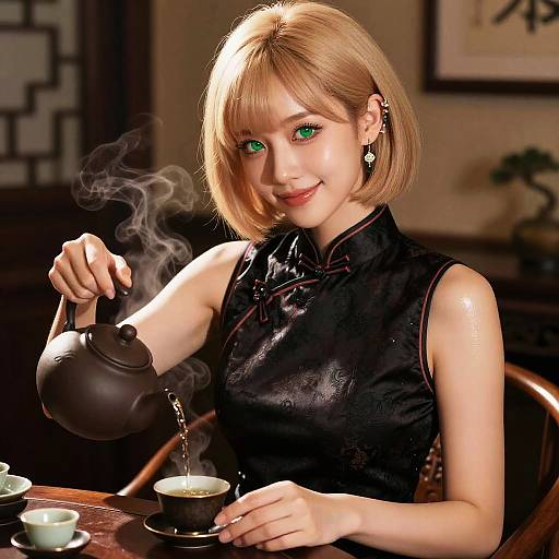 Digital illustration of a smiling Asian woman with green eyes, short blonde hair, wearing a black silk cheongsam, pouring steaming tea into a cup