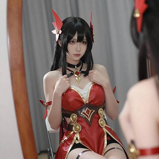 Asian Woman in Red Gold Cosplay