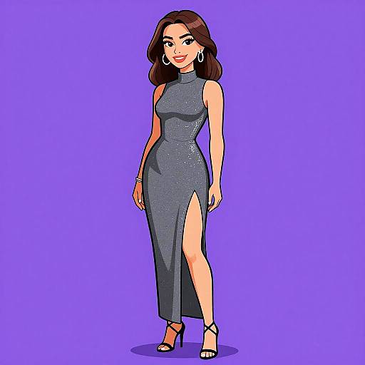 Digital illustration of a confident woman with medium brown hair, wearing a form-fitting, grey, high-slit evening dress, black heels, and earrings