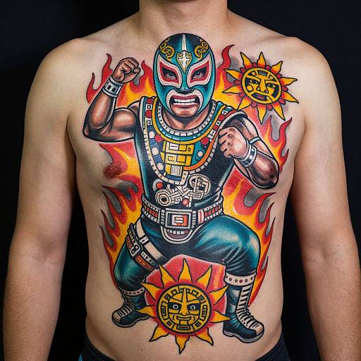 Photograph of a tattooed shirtless man with a colorful, detailed luchador tattoo featuring flames, masks, and traditional Mexican wrestling gear.