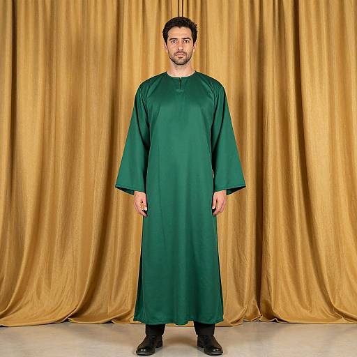 Photograph of a bearded man in a long, green traditional tunic, standing against golden draped curtains, wearing black shoes.