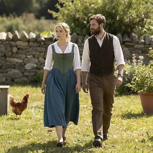 Couple strolling in a sunlit garden