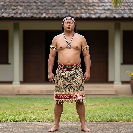 Photograph of a shirtless, muscular, middle-aged Asian man wearing tribal-patterned loincloth, beaded necklace, and headband, standing