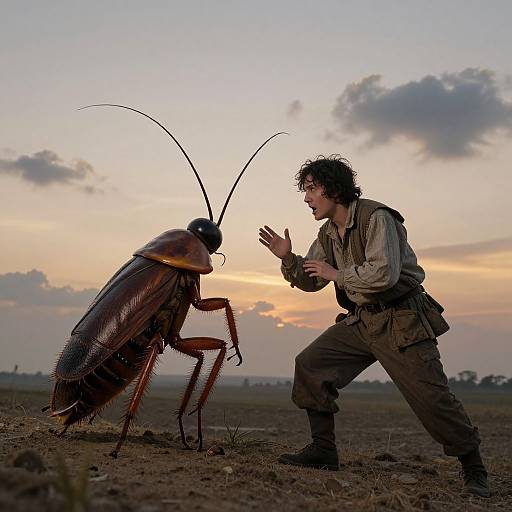 Photograph: Man with disheveled hair, rugged clothes, gestures at large, menacing insect with long antennae and brown exoskeleton in barren