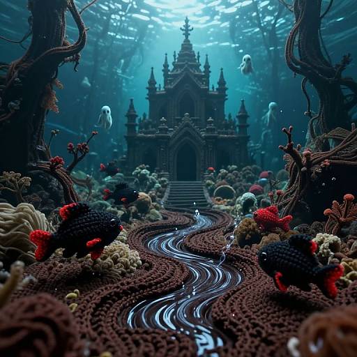 Digital fantasy artwork of an underwater path leading to a dark, gothic temple surrounded by colorful coral, twisted trees, and floating ethereal creatures.