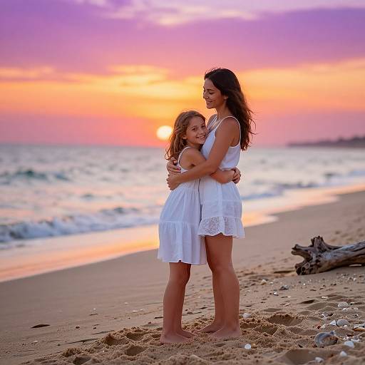 Photograph of a smiling mother and daughter in white dresses, hugging on a sandy beach at sunset, with vibrant pink, orange, and purple sky