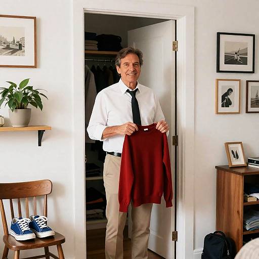 Cheerful Man in Closet with Sweater