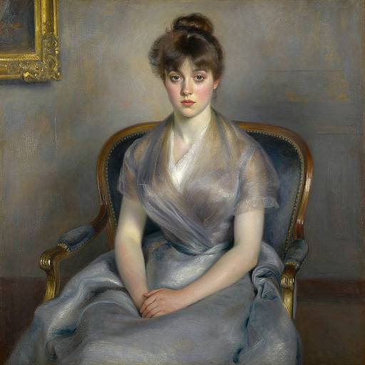 Oil painting of a pale-skinned woman with dark hair in a bun, wearing a sheer gray dress, sitting on a wooden chair.
