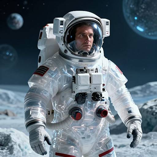 Photorealistic CGI of a determined male astronaut in a transparent white spacesuit, standing on a rocky, icy moon with planets in the starry background