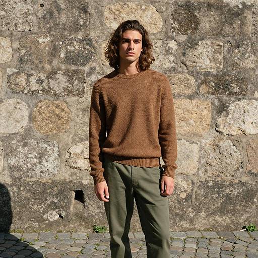Young Man in Brown Sweater Standing by Stone Wall