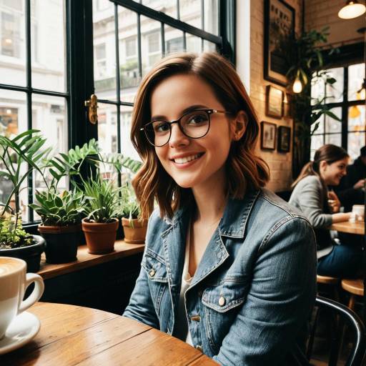 Smiling woman in Soho cafe with eyeglasses