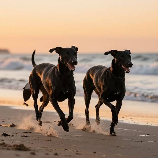 Photograph of two black dogs joyfully running on a sandy beach at sunset, with waves in the background and orange sky.