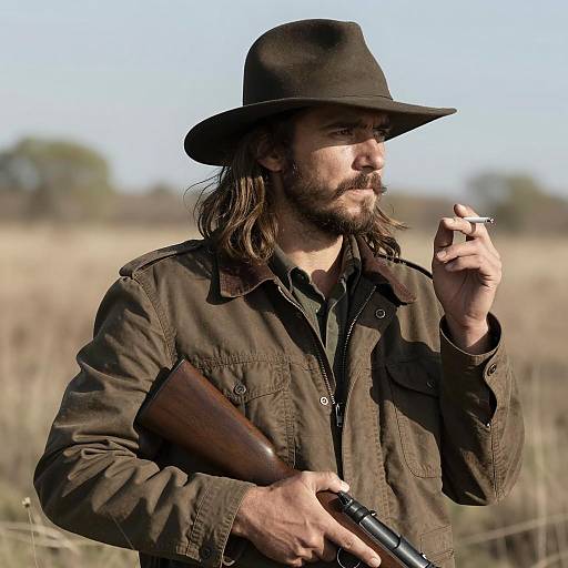 Serious Man in Brown Outfit with Rifle