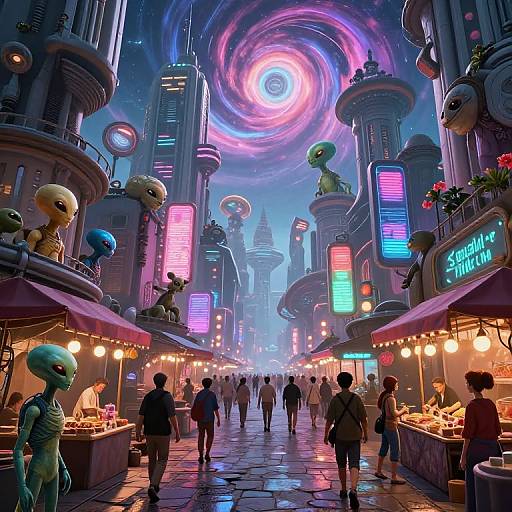 CGI sci-fi market scene with alien vendors, colorful neon signs, spiral galaxy sky, and diverse human shoppers on a wet, reflective street.
