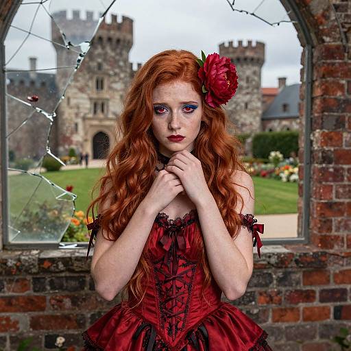 Photograph of a fair-skinned, red-haired woman with blue eyeshadow, wearing a red corset dress and flower hairpiece, standing in
